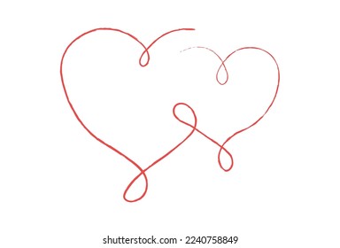 Red thin lines two love hearts on white background - Vector illustration