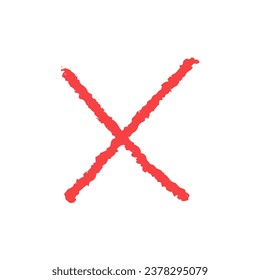 Red thin minimalistic cross doodle isolated on white background. Hand drawn bright vector element, voice, checkmark.