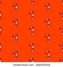 red thin outline candy cane isolated on red background seamless pattern. hand drawn vector. doodle christmas icon for kids, wallpaper, cover, backdrop, fabric, greeting, wrapping paper and gift. 