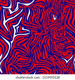 Rayas onduladas y finas rojas sobre un fondo azul con salpicaduras blancas. Modalidad de cebra moderna y sin inconvenientes para tejidos de textura moderna, productos de papel. Vector.