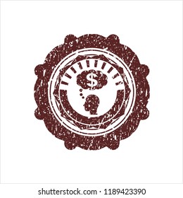 Red thinking in money icon inside distressed rubber stamp with grunge texture