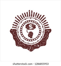 Red thinking in money icon inside distressed rubber grunge texture seal