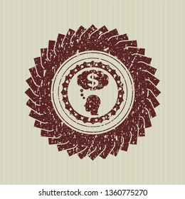 Red thinking in money icon inside rubber seal