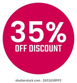 Red thirty five 35% percent sale discount badge. Round shape red circle sticker on glasses showcase. isolated on white background.