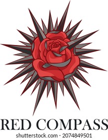 Red Thorny Roses Compass Illustration Floral Rock Badass Music Flower Logo Design