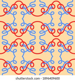 Red thread and blue thread, tangled on a light orange background, seamless background, flat vector illustration.