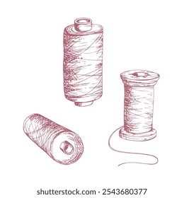 Bobinas de hilo rojo enrollan hilo de madejas. Dibujado a mano tinta Ilustración vectorial costura artesanía bordado suministros de costura. Conjunto de objetos aislados sobre fondo blanco. Taller de diseño, sastre, tienda de hobby