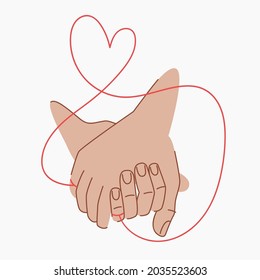 Red thread of fate that connects the hands of lovers. Couple holding hands. Red thread of fate in the shape of a heart. Two hands are connected by a red string of fate. Soulmate bond