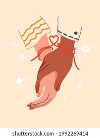 Red thread of fate tied kindred spirits or soulmate. Symbol of eternal love or friendship. Eastern promise of love. Red string with heart shape on hands of couple in love. Vector stock illustration.