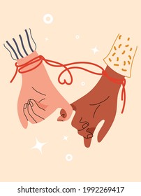 Red thread of fate tied little fingers of two. String Pinky Promise, Eastern Tradition for Valentine Day. Hands of couple in love. Symbol of eternal love or friendship. Vector stock illustration.