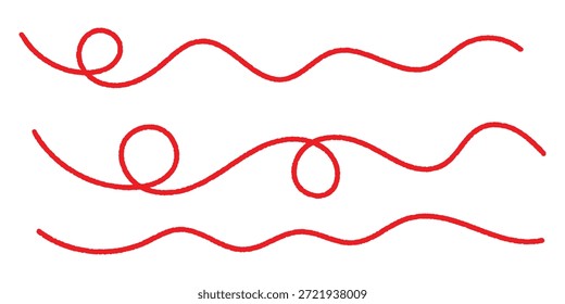 Hilo rojo sobre un fondo blanco aislado. Hilo de Vector en bucle rojo. hilo rojo largo. Hilo rojo curvado largo aislado. Extensiones modernas de una sola línea. EPS 10. 