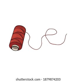 Red thread spool - hand drawn vector illustration, isolated object. Flat color design.