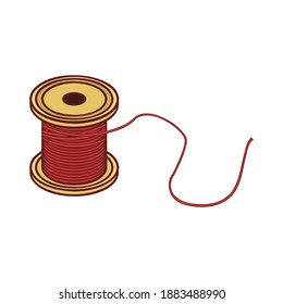 Red thread spool - hand drawn vector illustration isolated on white. Flat color design.