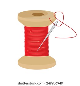 Red thread wooden spool and needle with thread vector icon, thread bobbin