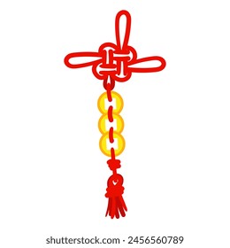 Red threads are tied in Chinese lucky knots, symbolizing good luck and prosperity. Red threads in knots with gold coins. For cultural-themed design, materials in the traditional Asian style. Vector