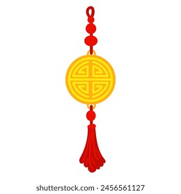 Red threads are tied into Chinese lucky tassels, symbolizing good luck and prosperity. Red threads in the knots with the amulet. For cultural-themed design, materials in the traditional Asian style