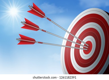 red three arrows darts in target circle. business success goal. on background sky and sun. creative idea. leadership. cartoon vector illustration