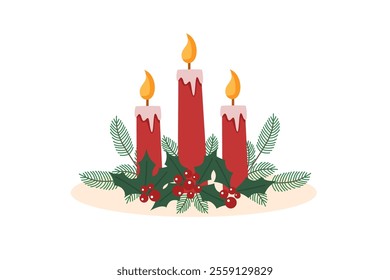 Red three candles with Christmas tree branches and holly isolated on white. Advent and Christmas concept. Vector flat clipart.