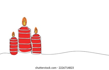 Red three candles with line art style. One line continues with color. Vector illustration.