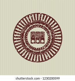 Red three folders icon inside distress rubber stamp with grunge texture