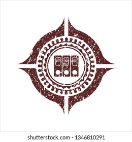 Red three folders icon inside distress rubber grunge seal
