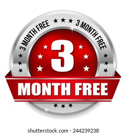 Red three month free badge with silver border on white background