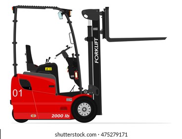 Red three wheel electric counterbalance forklift without an operator on a white background. Flat vector