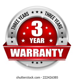 Red three year warranty badge with metallic border and ribbon