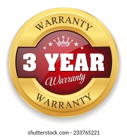 Red three year warranty badge with gold border on white background
