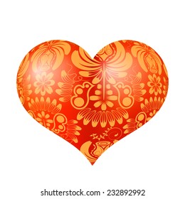 Red three-dimensional heart with floral gold ornament. Vector illustration.