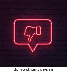 Red Thumbs down neon symbol inside speech bubble isolated on dark transparent background. Vector design element