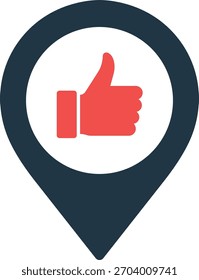 Icono rojo de los pulgares hacia arriba dentro del marcador de mapa de marcador de pin de ubicación azul oscuro como