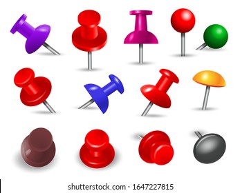 Red thumbtack. Office supplies for paper note push and attachments objects organize angle mount pin colored markers vector set