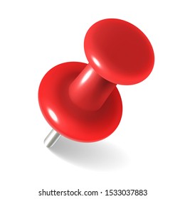 Red thumbtack. round metal pushpin for attach memo and pinned documents isolated vector realistic plastic pin