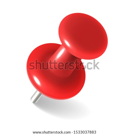 Red thumbtack. round metal pushpin for attach memo and pinned documents isolated vector realistic plastic pin