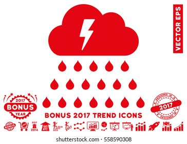 Red Thunderstorm Rain Cloud pictogram with bonus 2017 year trend icon set. Vector illustration style is flat iconic symbols, white background.