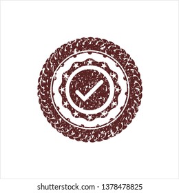 Red tick icon inside distress rubber seal with grunge texture