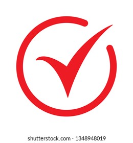 Red tick icon vector symbol, checkmark isolated on white background