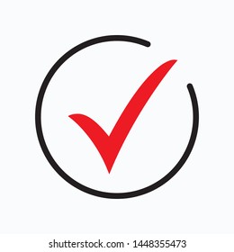 Red tick icon vector symbol, checkmark isolated on white background, checked icon or correct choice sign, check mark or checkbox pictogram