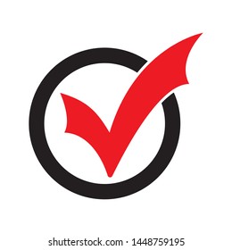 Red tick icon vector symbol, checkmark isolated on white background, checked icon or correct choice sign, check mark or checkbox pictogram