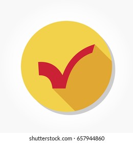 red tick mark or check mark on orange circle in flat design with shadow effect