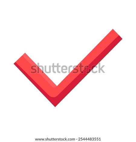 Red tick marks completed work icon. Mark tick drawn with red marker pen element. Simple flat vector isolated on white background