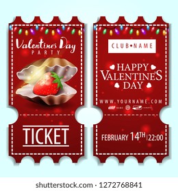 The red tickets for the party on Valentine's Day with pearl shell and strawberry