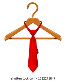 Red tie hanging on the hanger. Vector illustration on white background.