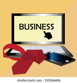 a red tie with a phone and a computer expressing business concept