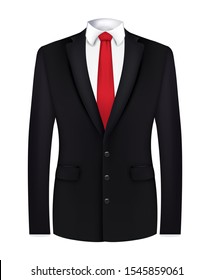 Red tie, white shirt and black suit. close up. vector