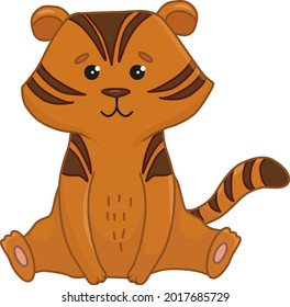 
red tiger cub baby with dark stripes sits and smiles