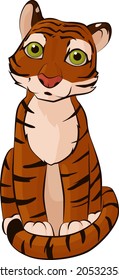 A red tiger cub sitting with a surprised expression on his face