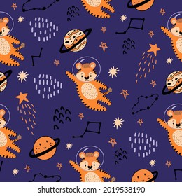 Red tiger flies in space to the planets. 2022 - The Year of the Tiger. Seamless pattern with planets, tigers, constellations,stars for decoration of children's fabrics, for newborns, rooms.