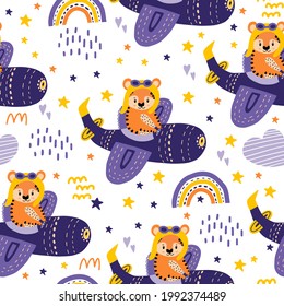 A red tiger is flying in a helicopter. Seamless pattern with a helicopter, tigers, clouds, stars for decorating children's fabrics, rooms. 2022 - The Year of the Tiger. Flat doodle style.